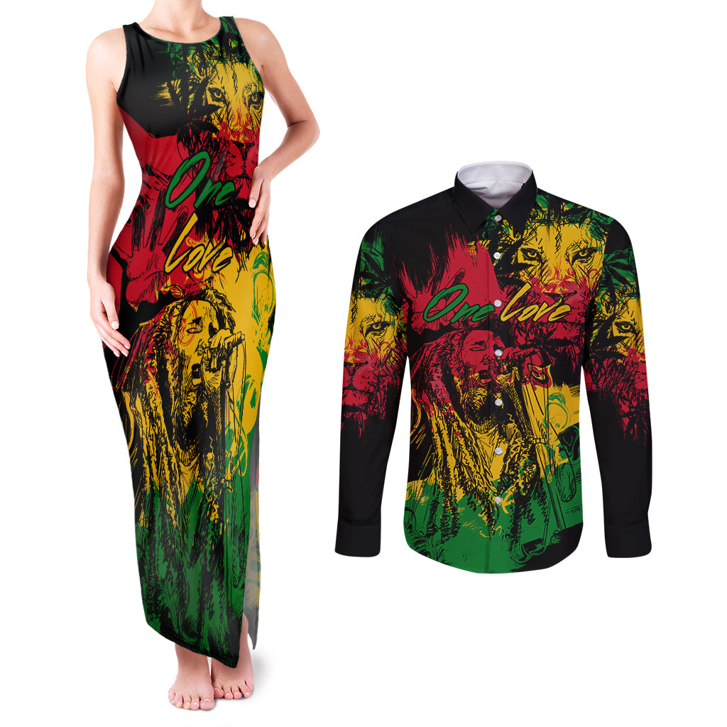 Rastafarian Lion Legend Bob Couples Matching Tank Maxi Dress and Long Sleeve Button Shirt Reggae Festival Sketch Portrait LT9 - Wonder Print Shop