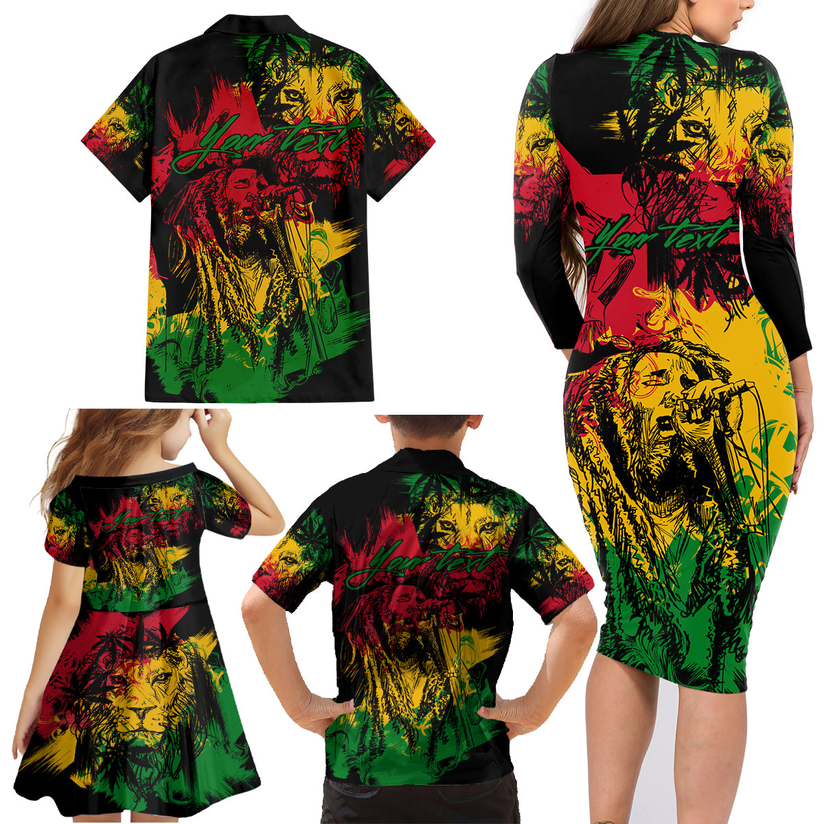 Rastafarian Lion Legend Bob Family Matching Long Sleeve Bodycon Dress and Hawaiian Shirt Reggae Festival Sketch Portrait LT9 - Wonder Print Shop