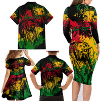 Rastafarian Lion Legend Bob Family Matching Long Sleeve Bodycon Dress and Hawaiian Shirt Reggae Festival Sketch Portrait LT9 - Wonder Print Shop