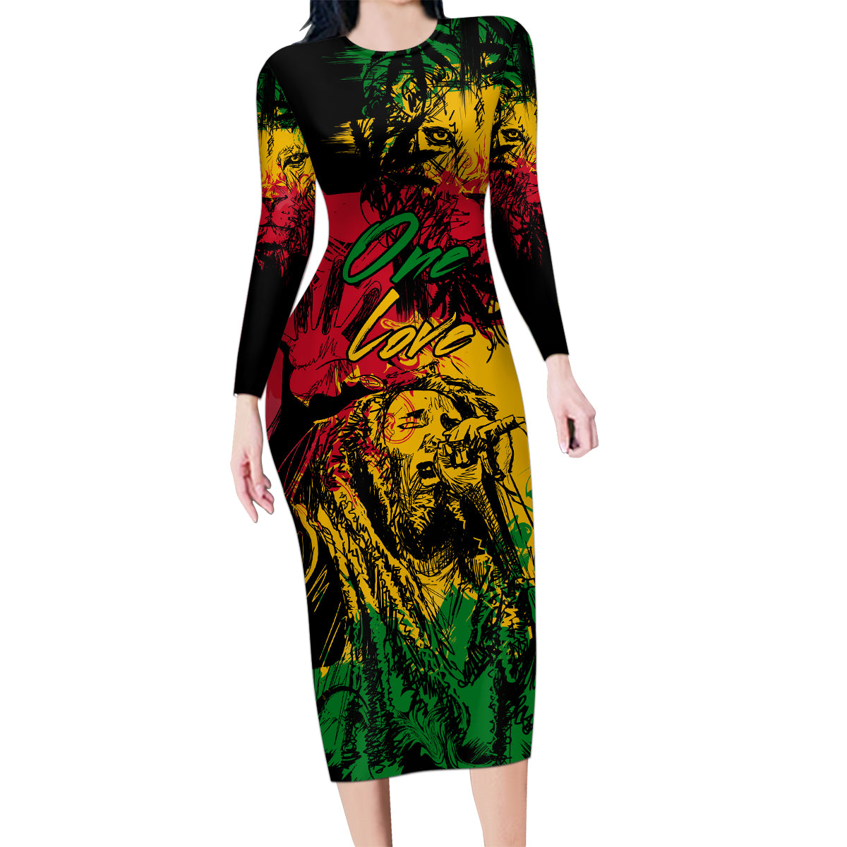 Rastafarian Lion Legend Bob Family Matching Long Sleeve Bodycon Dress and Hawaiian Shirt Reggae Festival Sketch Portrait LT9 - Wonder Print Shop