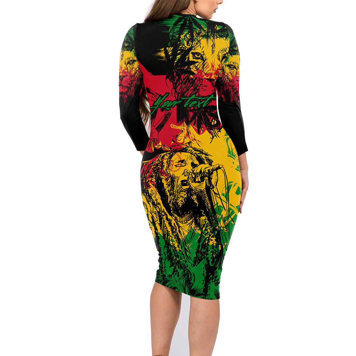Rastafarian Lion Legend Bob Family Matching Long Sleeve Bodycon Dress and Hawaiian Shirt Reggae Festival Sketch Portrait LT9 - Wonder Print Shop