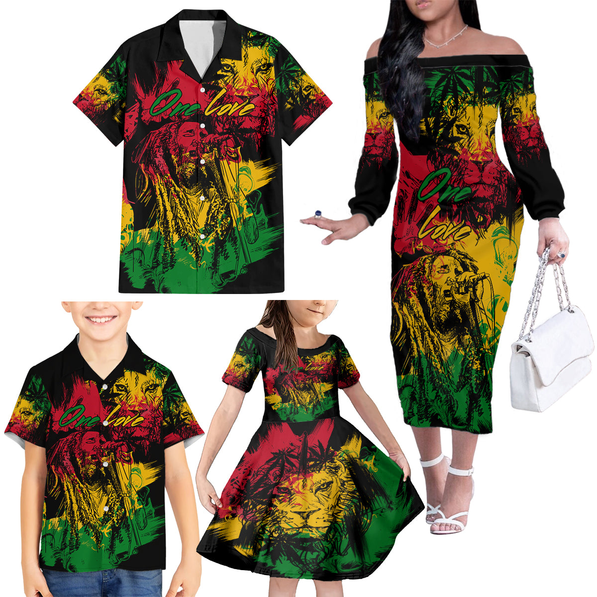 Rastafarian Lion Legend Bob Family Matching Off Shoulder Long Sleeve Dress and Hawaiian Shirt Reggae Festival Sketch Portrait - Wonder Print Shop