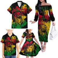 Rastafarian Lion Legend Bob Family Matching Off Shoulder Long Sleeve Dress and Hawaiian Shirt Reggae Festival Sketch Portrait - Wonder Print Shop