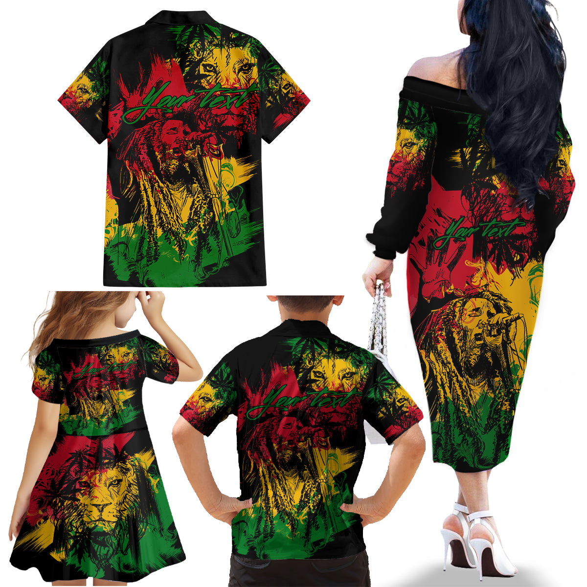 Rastafarian Lion Legend Bob Family Matching Off Shoulder Long Sleeve Dress and Hawaiian Shirt Reggae Festival Sketch Portrait - Wonder Print Shop