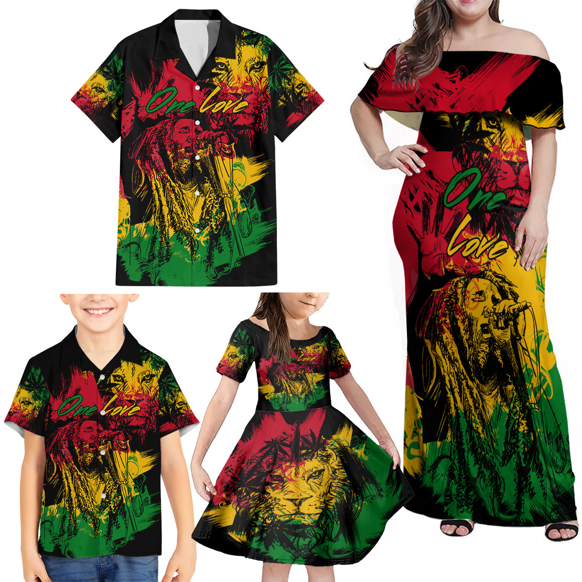 Rastafarian Lion Legend Bob Family Matching Off Shoulder Maxi Dress and Hawaiian Shirt Reggae Festival Sketch Portrait LT9 - Wonder Print Shop
