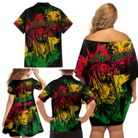 Rastafarian Lion Legend Bob Family Matching Off Shoulder Short Dress and Hawaiian Shirt Reggae Festival Sketch Portrait LT9 - Wonder Print Shop