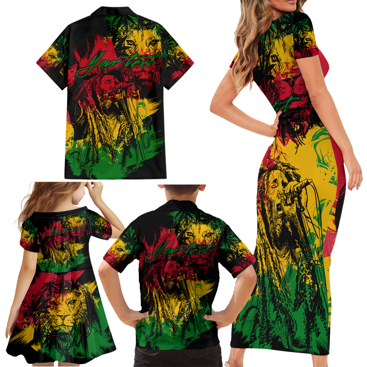 Rastafarian Lion Legend Bob Family Matching Short Sleeve Bodycon Dress and Hawaiian Shirt Reggae Festival Sketch Portrait - Wonder Print Shop