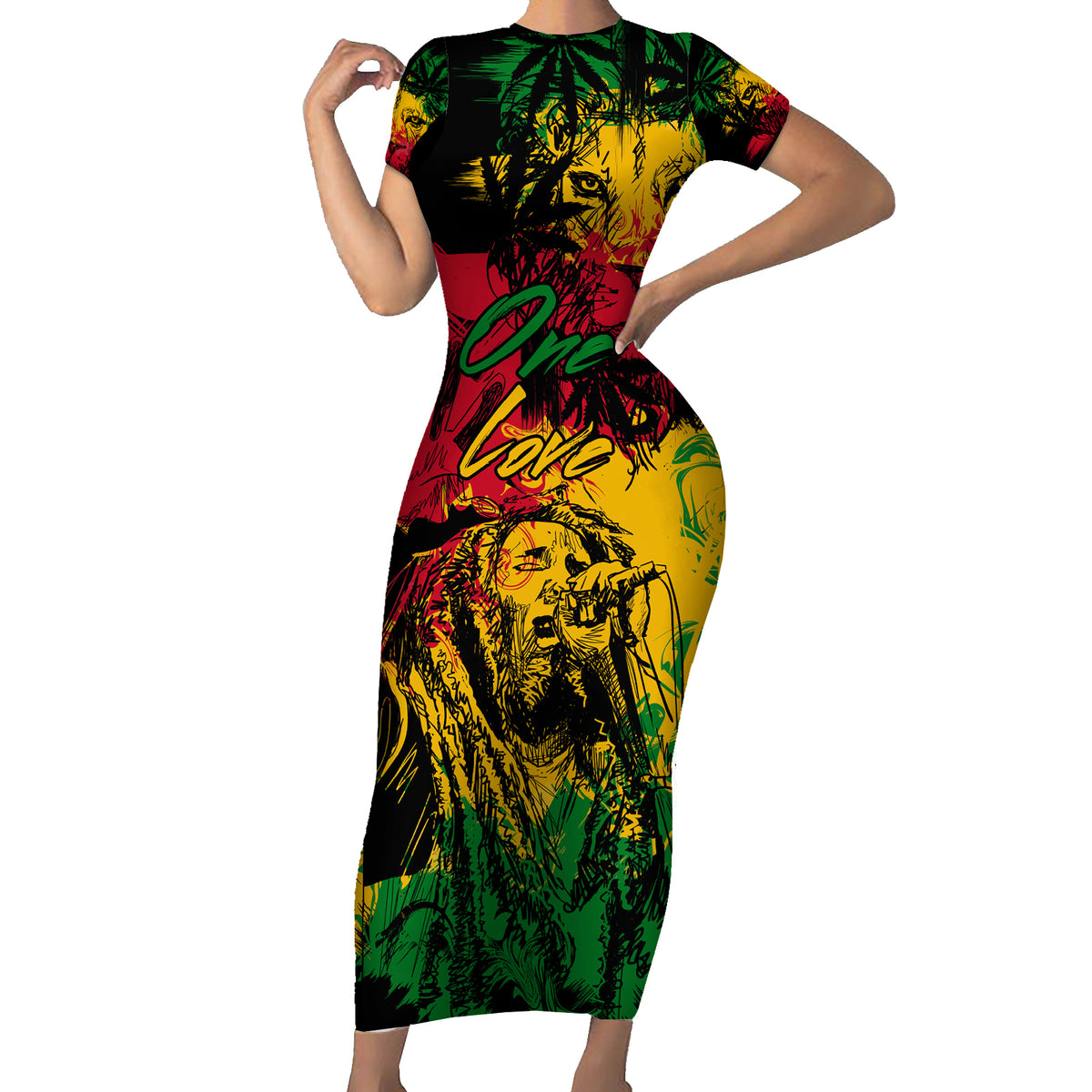 Rastafarian Lion Legend Bob Family Matching Short Sleeve Bodycon Dress and Hawaiian Shirt Reggae Festival Sketch Portrait - Wonder Print Shop