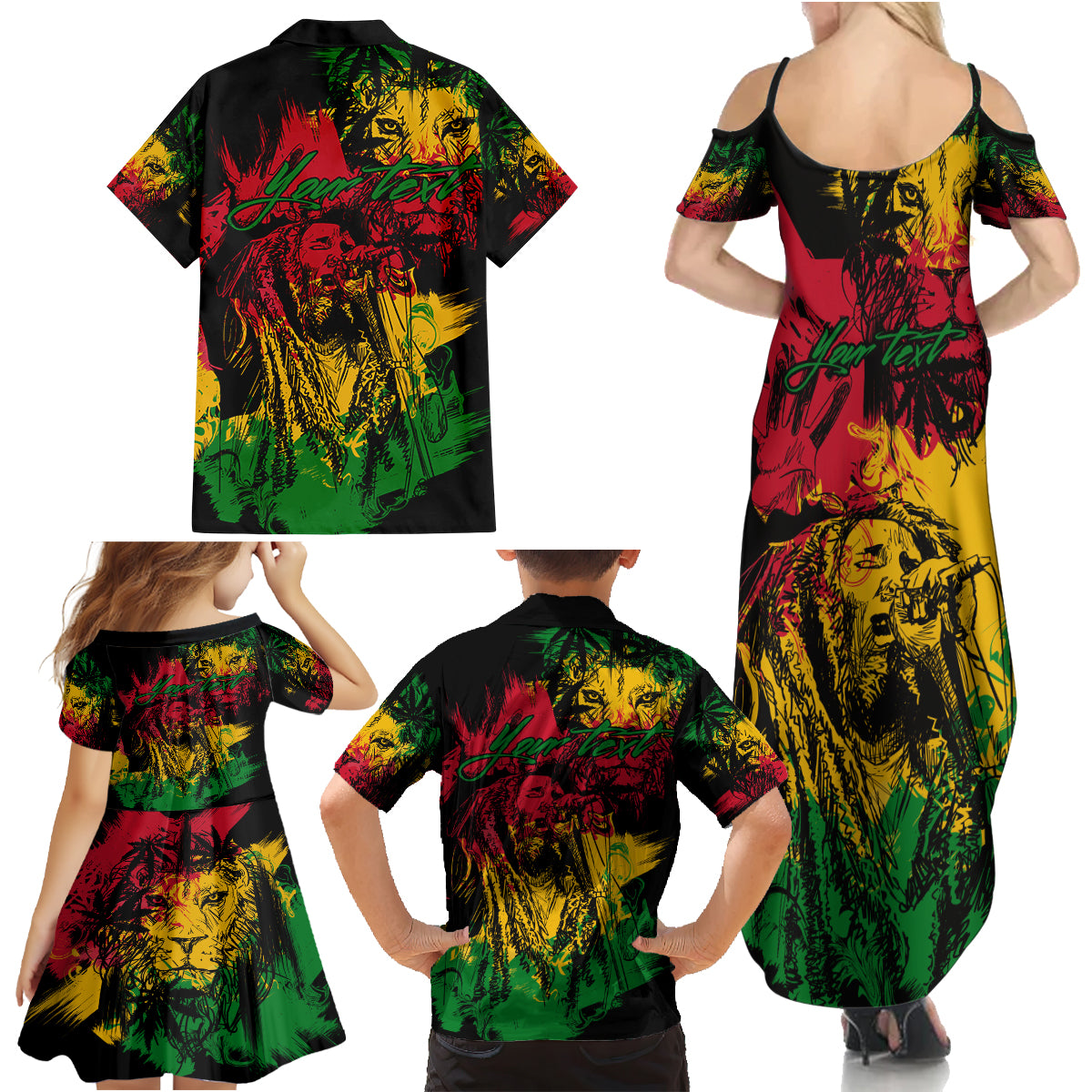 Rastafarian Lion Legend Bob Family Matching Summer Maxi Dress and Hawaiian Shirt Reggae Festival Sketch Portrait - Wonder Print Shop