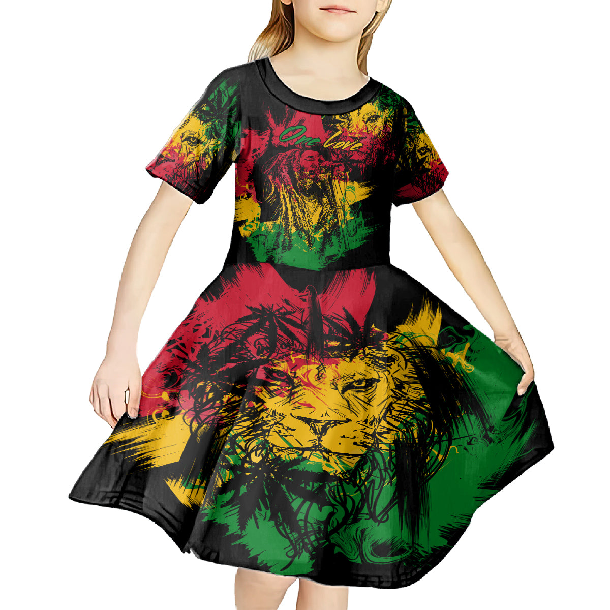 Rastafarian Lion Legend Bob Kid Short Sleeve Dress Reggae Festival Sketch Portrait - Wonder Print Shop