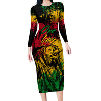 Rastafarian Lion Legend Bob Long Sleeve Bodycon Dress Reggae Festival Sketch Portrait - Wonder Print Shop