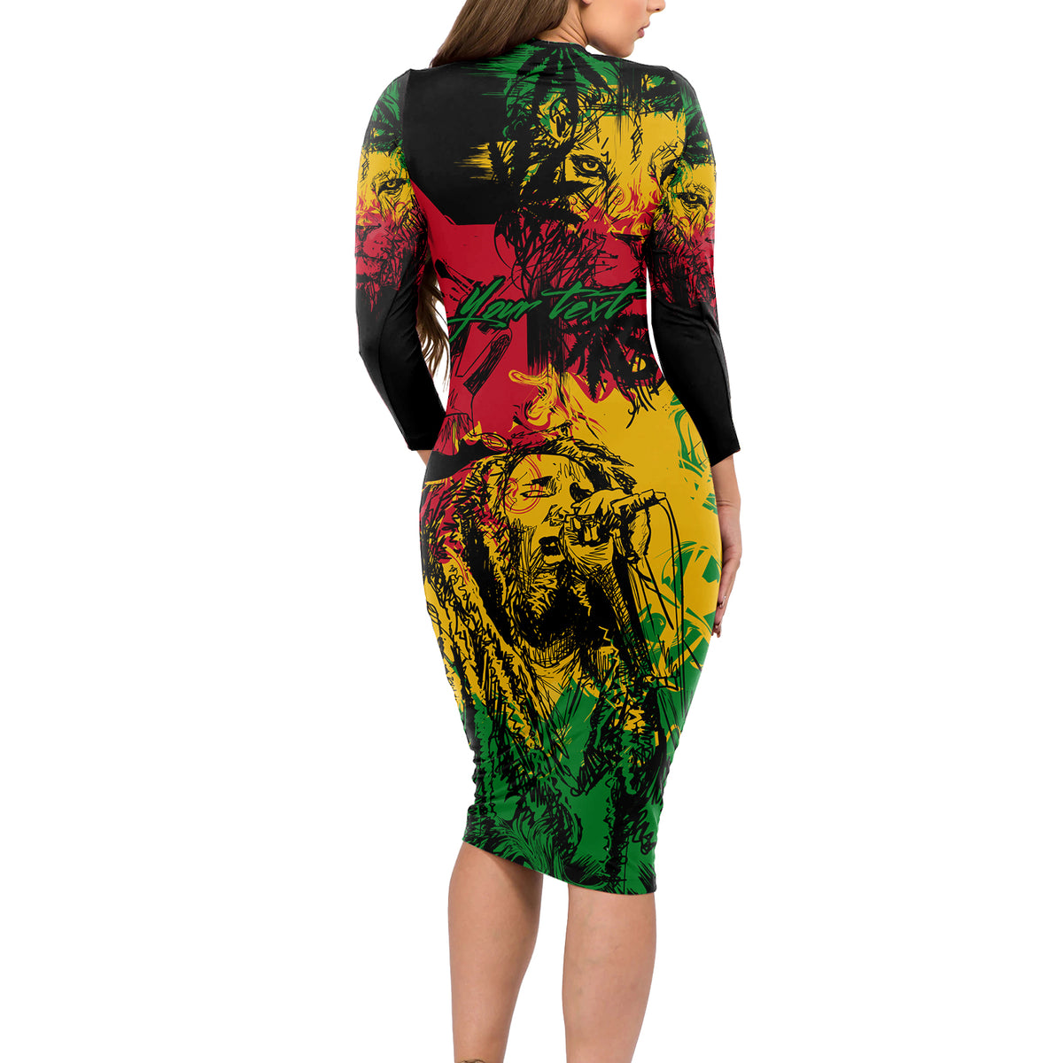 Rastafarian Lion Legend Bob Long Sleeve Bodycon Dress Reggae Festival Sketch Portrait - Wonder Print Shop