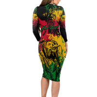 Rastafarian Lion Legend Bob Long Sleeve Bodycon Dress Reggae Festival Sketch Portrait - Wonder Print Shop