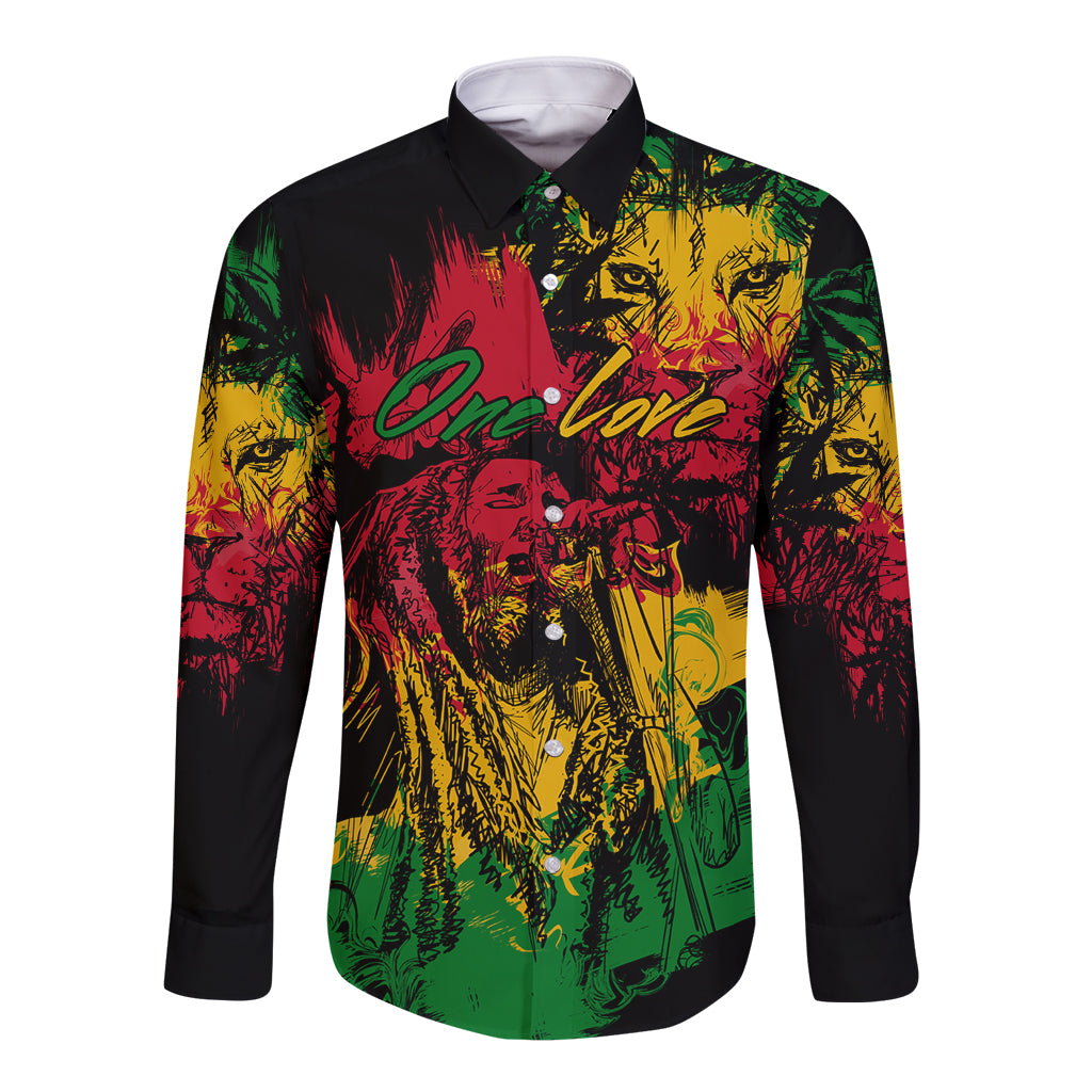 Rastafarian Lion Legend Bob Long Sleeve Button Shirt Reggae Festival Sketch Portrait - Wonder Print Shop