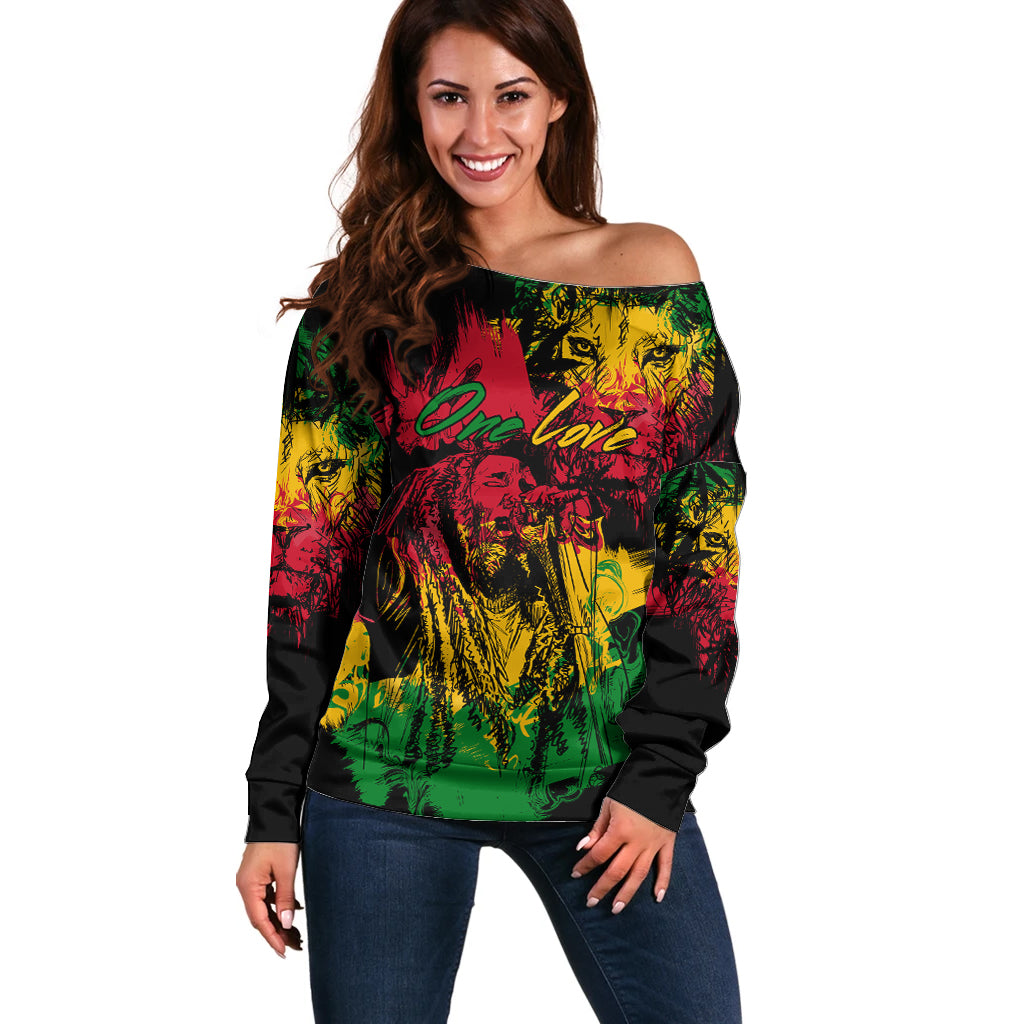 Rastafarian Lion Legend Bob Off Shoulder Sweater Reggae Festival Sketch Portrait - Wonder Print Shop