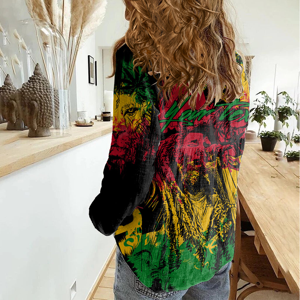 Rastafarian Lion Legend Bob Women Casual Shirt Reggae Festival Sketch Portrait - Wonder Print Shop