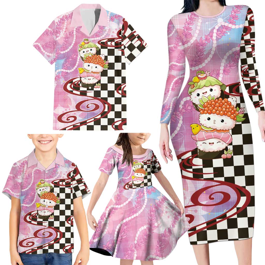 Personalized Japanese Kawaii Sushi Roll Family Matching Long Sleeve Bodycon Dress and Hawaiian Shirt Wagara Palaka Pattern