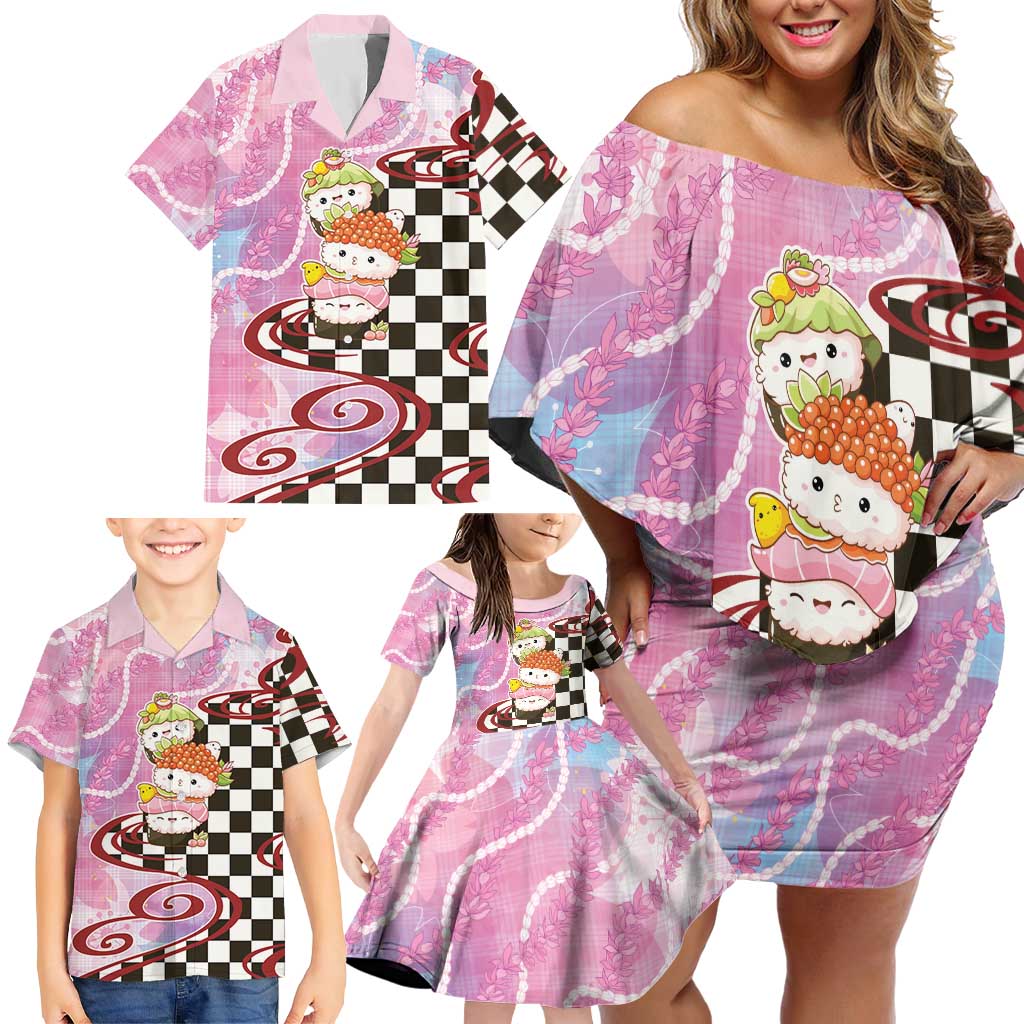 Personalized Japanese Kawaii Sushi Roll Family Matching Off Shoulder Short Dress and Hawaiian Shirt Wagara Palaka Pattern