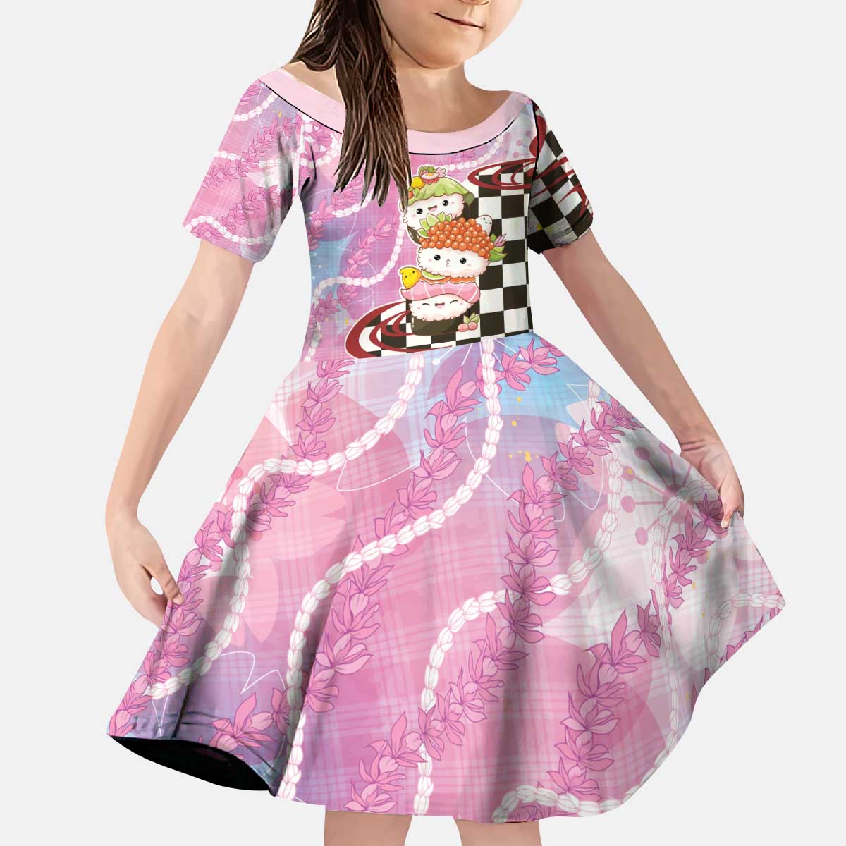 Personalized Japanese Kawaii Sushi Roll Kid Short Sleeve Dress Wagara Palaka Pattern