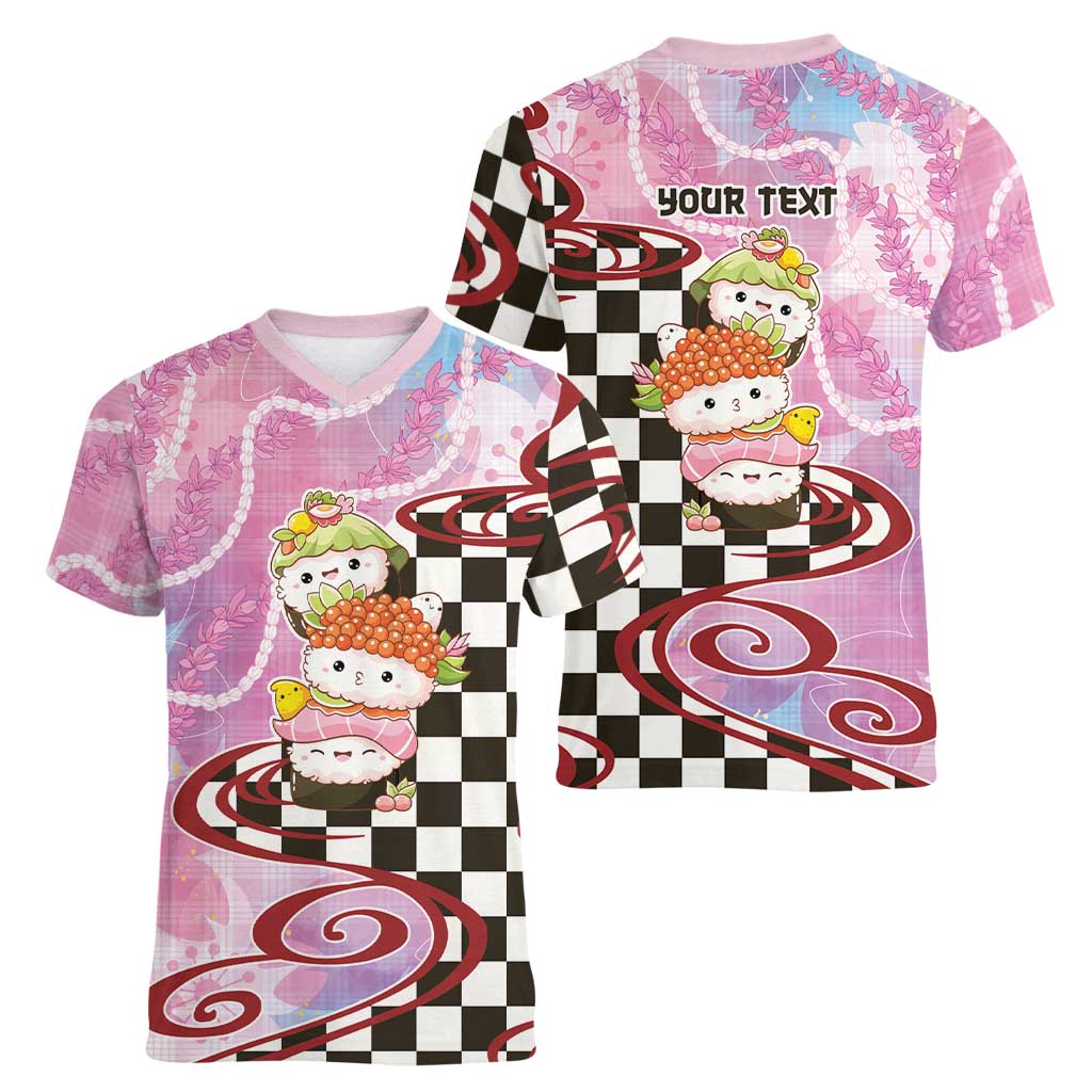 Personalized Japanese Kawaii Sushi Roll Women V-Neck T-Shirt Wagara Palaka Pattern