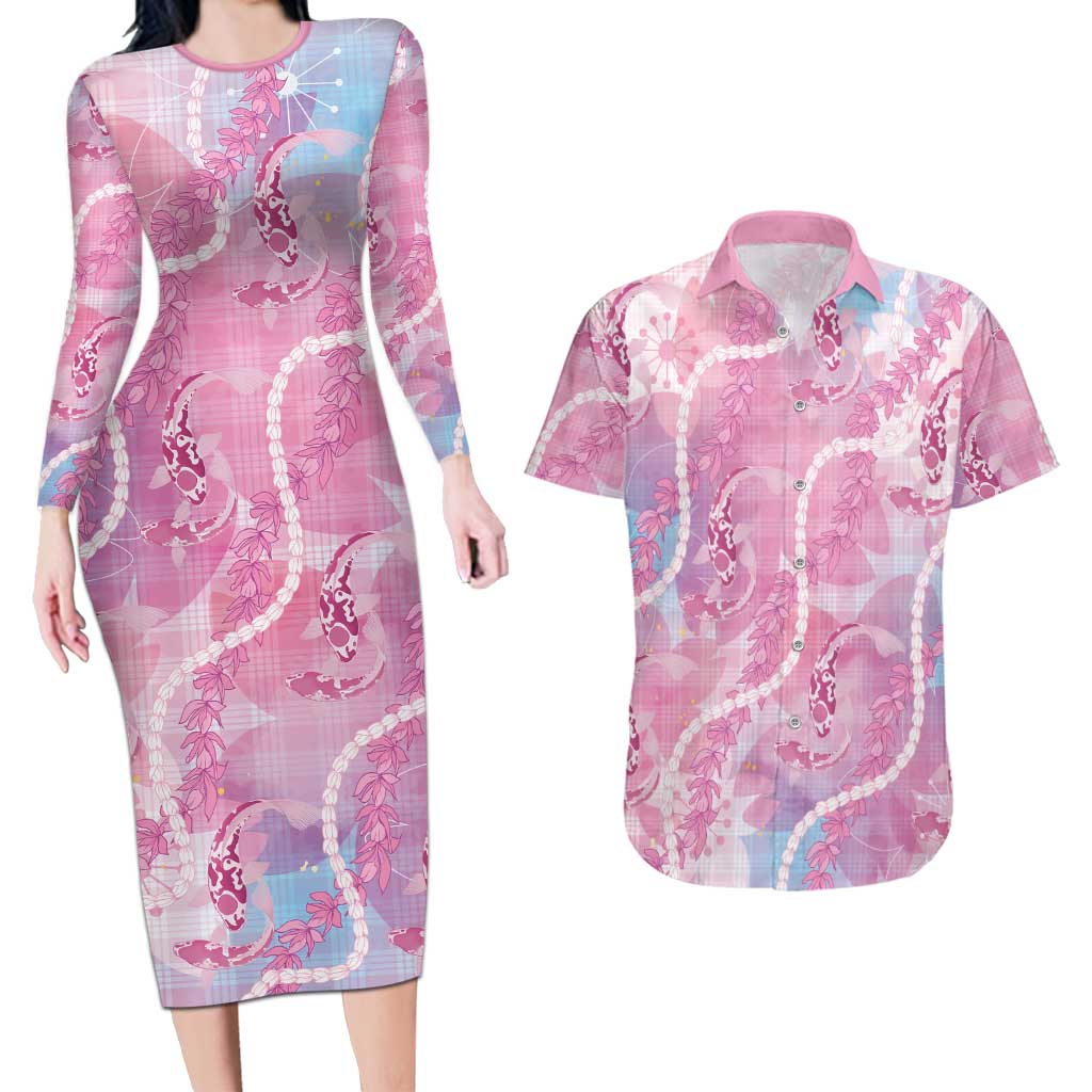 Japanese Koi Fish Couples Matching Long Sleeve Bodycon Dress and Hawaiian Shirt Pink Wagara Palaka Honohono Pikake Lei