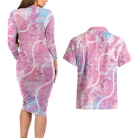 Japanese Koi Fish Couples Matching Long Sleeve Bodycon Dress and Hawaiian Shirt Pink Wagara Palaka Honohono Pikake Lei