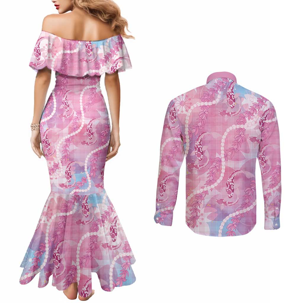 Japanese Koi Fish Couples Matching Mermaid Dress and Long Sleeve Button Shirt Pink Wagara Palaka Honohono Pikake Lei