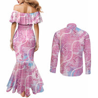 Japanese Koi Fish Couples Matching Mermaid Dress and Long Sleeve Button Shirt Pink Wagara Palaka Honohono Pikake Lei