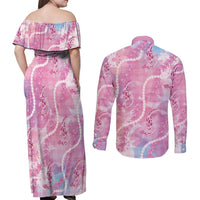 Japanese Koi Fish Couples Matching Off Shoulder Maxi Dress and Long Sleeve Button Shirt Pink Wagara Palaka Honohono Pikake Lei