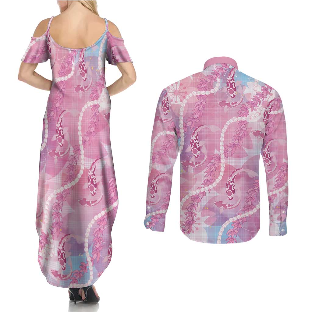 Japanese Koi Fish Couples Matching Summer Maxi Dress and Long Sleeve Button Shirt Pink Wagara Palaka Honohono Pikake Lei