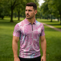 Japanese Koi Fish Zipper Polo Shirt Pink Wagara Palaka Honohono Pikake Lei