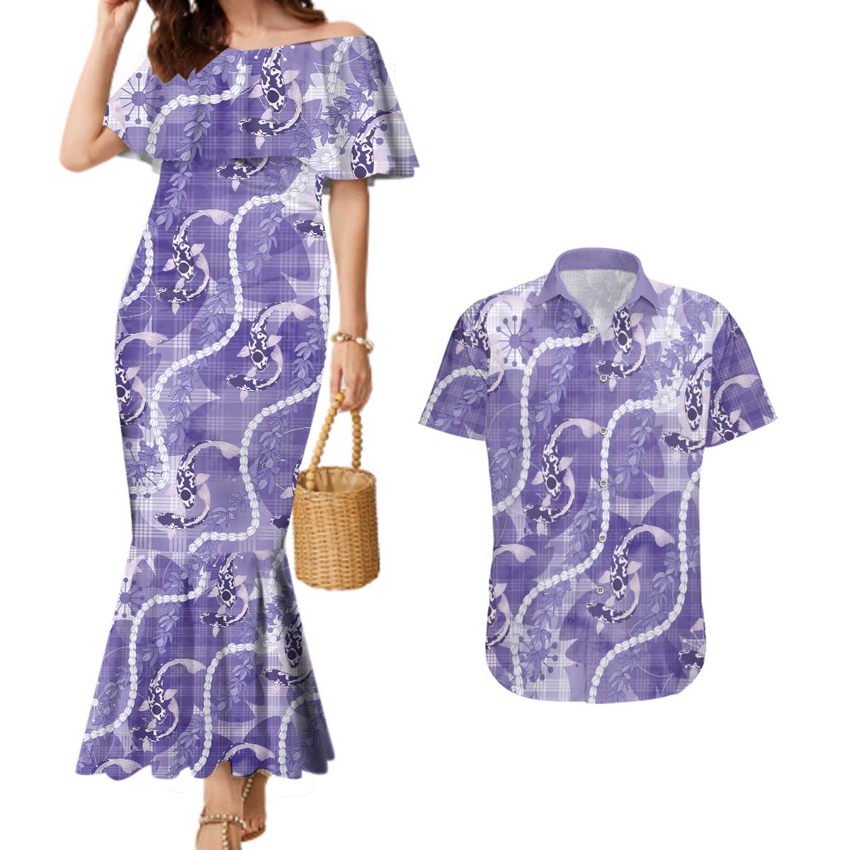 Japanese Koi Fish Couples Matching Mermaid Dress and Hawaiian Shirt Purple Wagara Palaka Honohono Pikake Lei