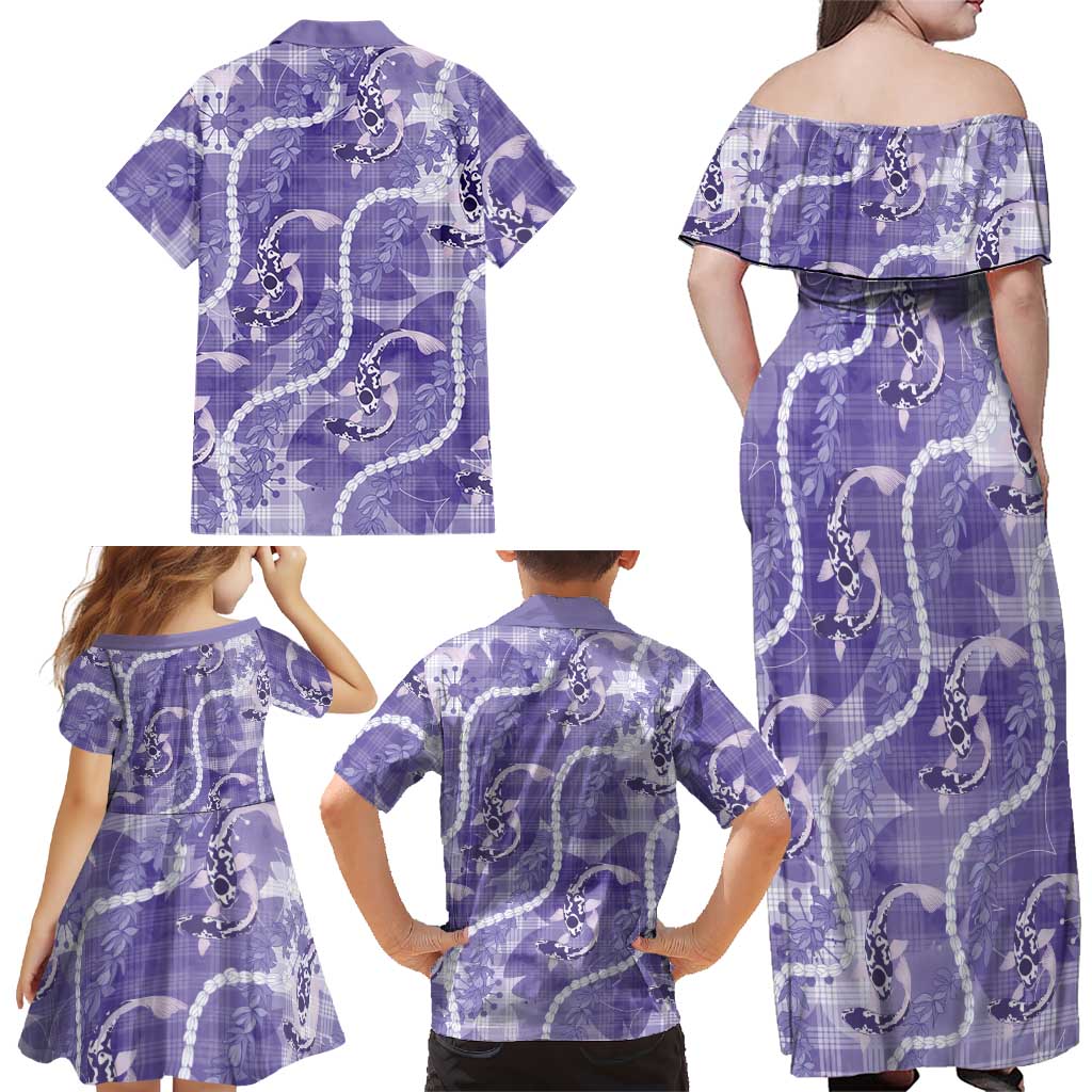 Japanese Koi Fish Family Matching Off Shoulder Maxi Dress and Hawaiian Shirt Purple Wagara Palaka Honohono Pikake Lei