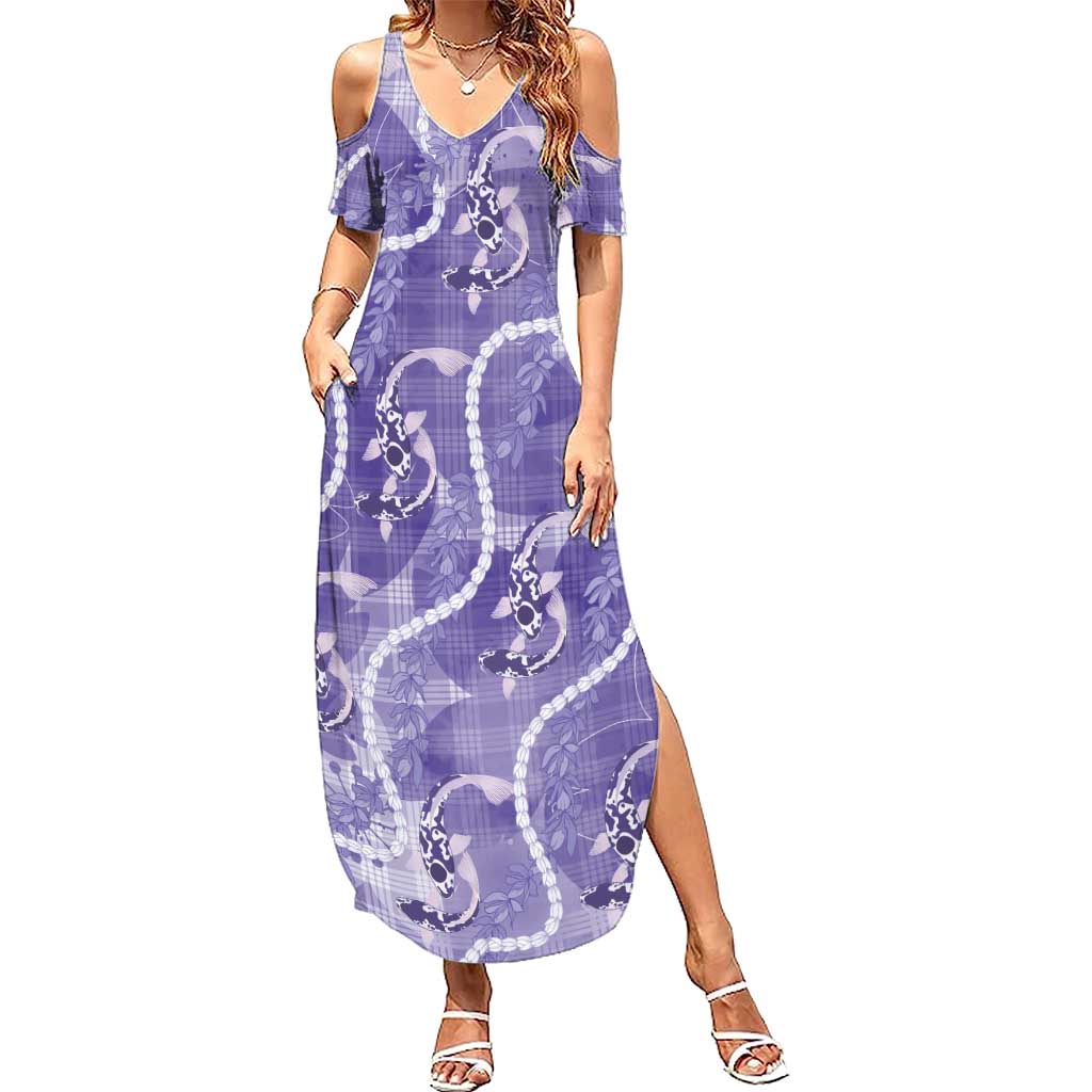 Japanese Koi Fish Family Matching Summer Maxi Dress and Hawaiian Shirt Purple Wagara Palaka Honohono Pikake Lei