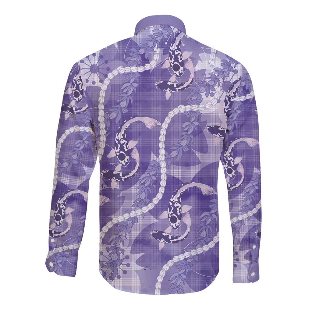 Japanese Koi Fish Long Sleeve Button Shirt Purple Wagara Palaka Honohono Pikake Lei