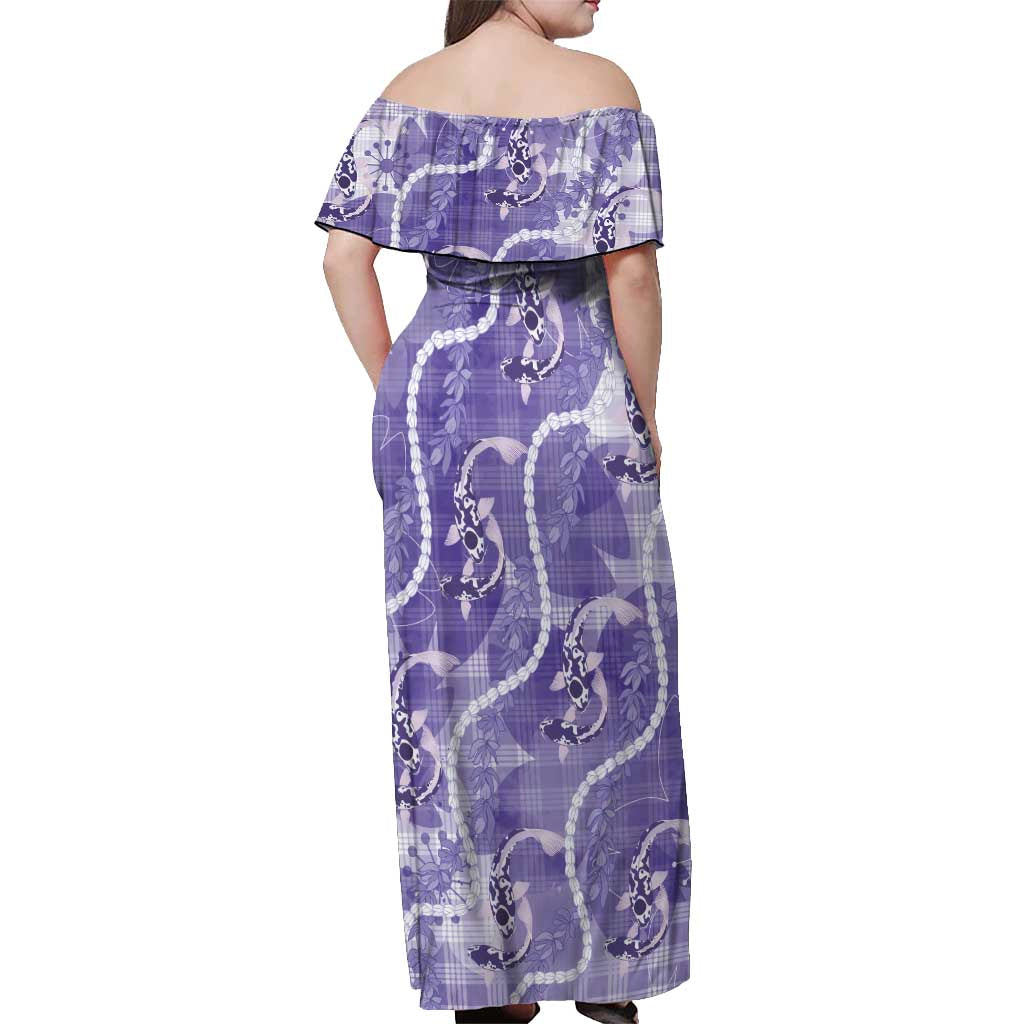 Japanese Koi Fish Off Shoulder Maxi Dress Purple Wagara Palaka Honohono Pikake Lei