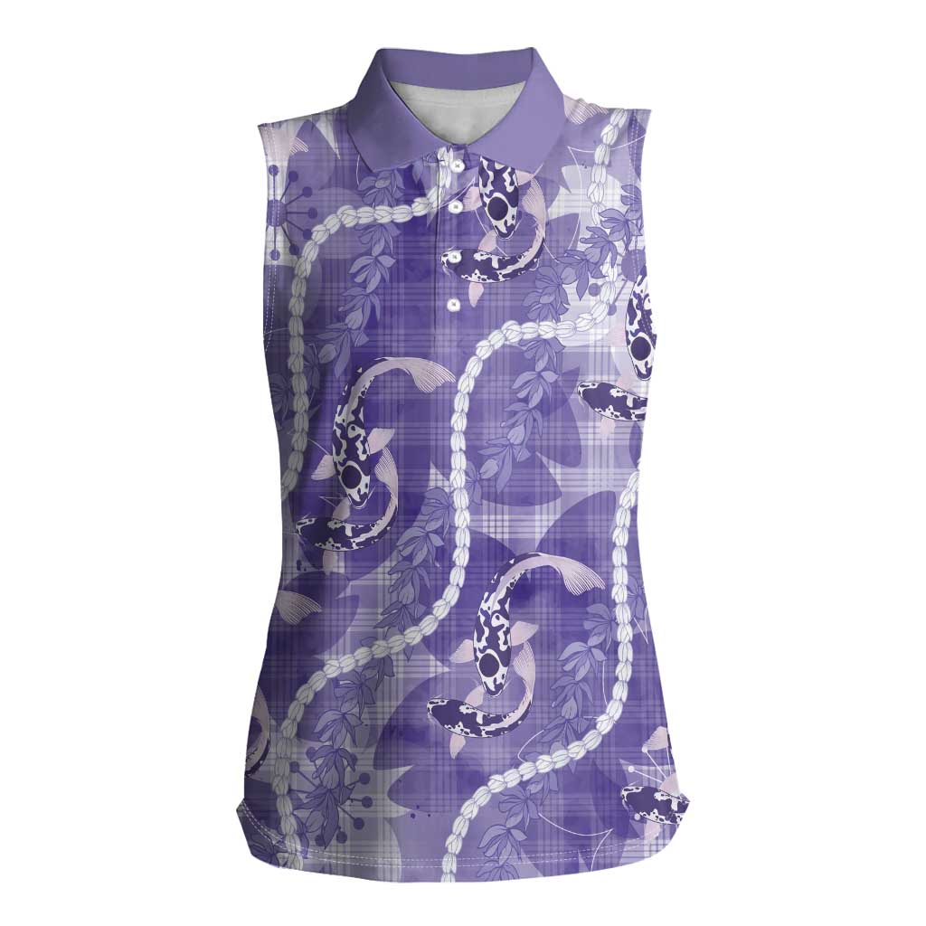 Japanese Koi Fish Women Sleeveless Polo Shirt Purple Wagara Palaka Honohono Pikake Lei