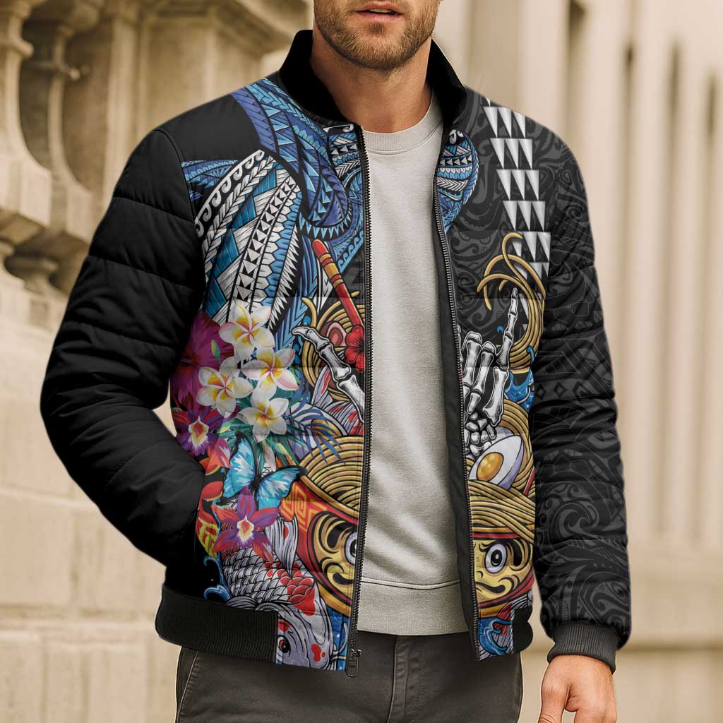 Personalized Japanese Koi Fish Ramen Bomber Puffer Jacket Aloha Shark Kakau Pattern