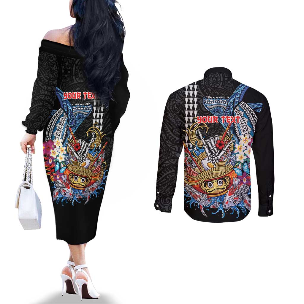 Personalized Japanese Koi Fish Ramen Couples Matching Off The Shoulder Long Sleeve Dress and Long Sleeve Button Shirt Aloha Shark Kakau Pattern