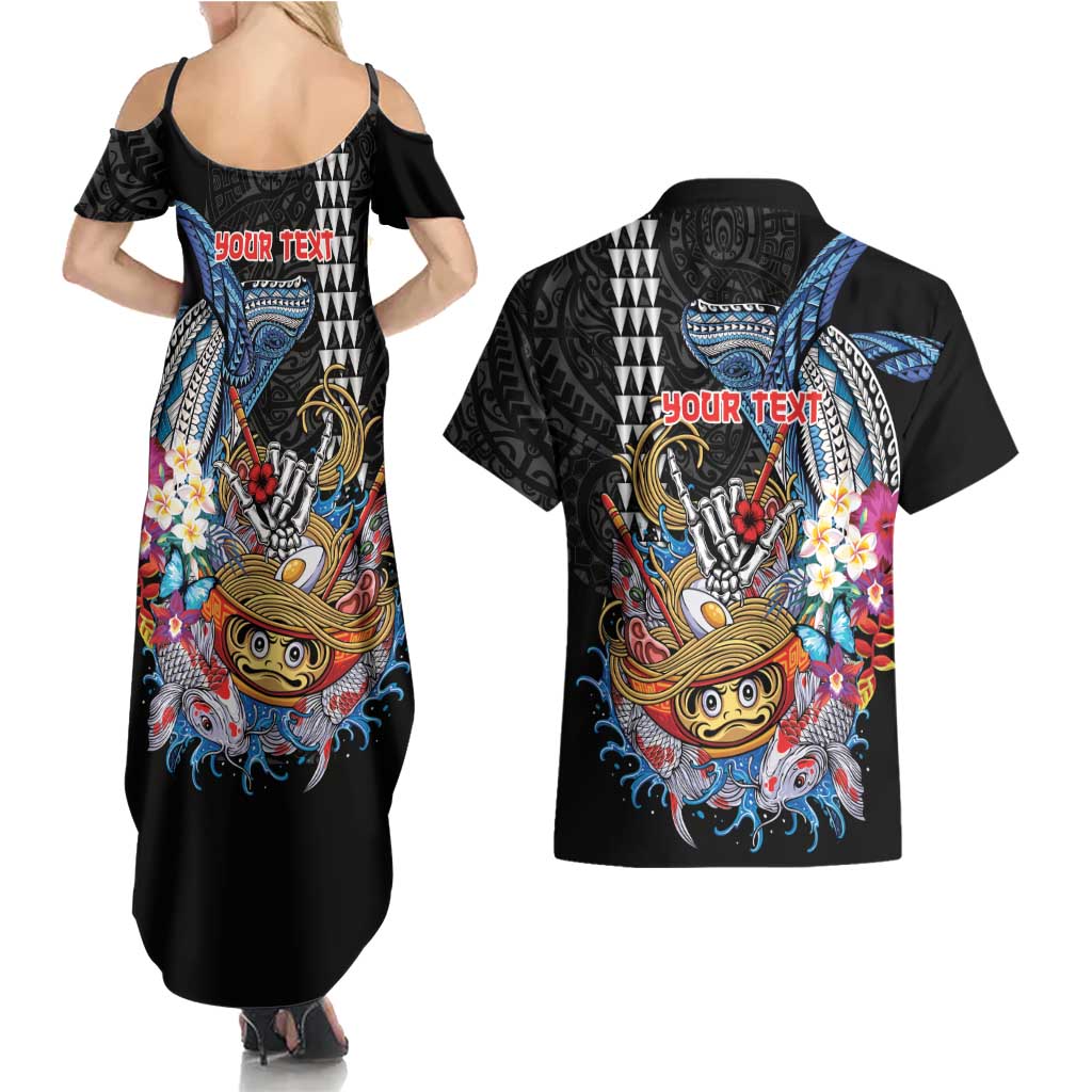 Personalized Japanese Koi Fish Ramen Couples Matching Summer Maxi Dress and Hawaiian Shirt Aloha Shark Kakau Pattern