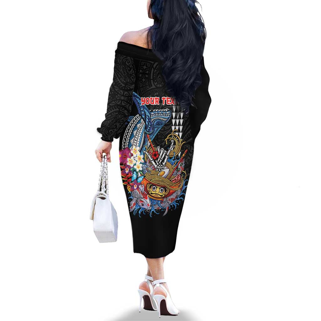 Personalized Japanese Koi Fish Ramen Family Matching Off The Shoulder Long Sleeve Dress and Hawaiian Shirt Aloha Shark Kakau Pattern