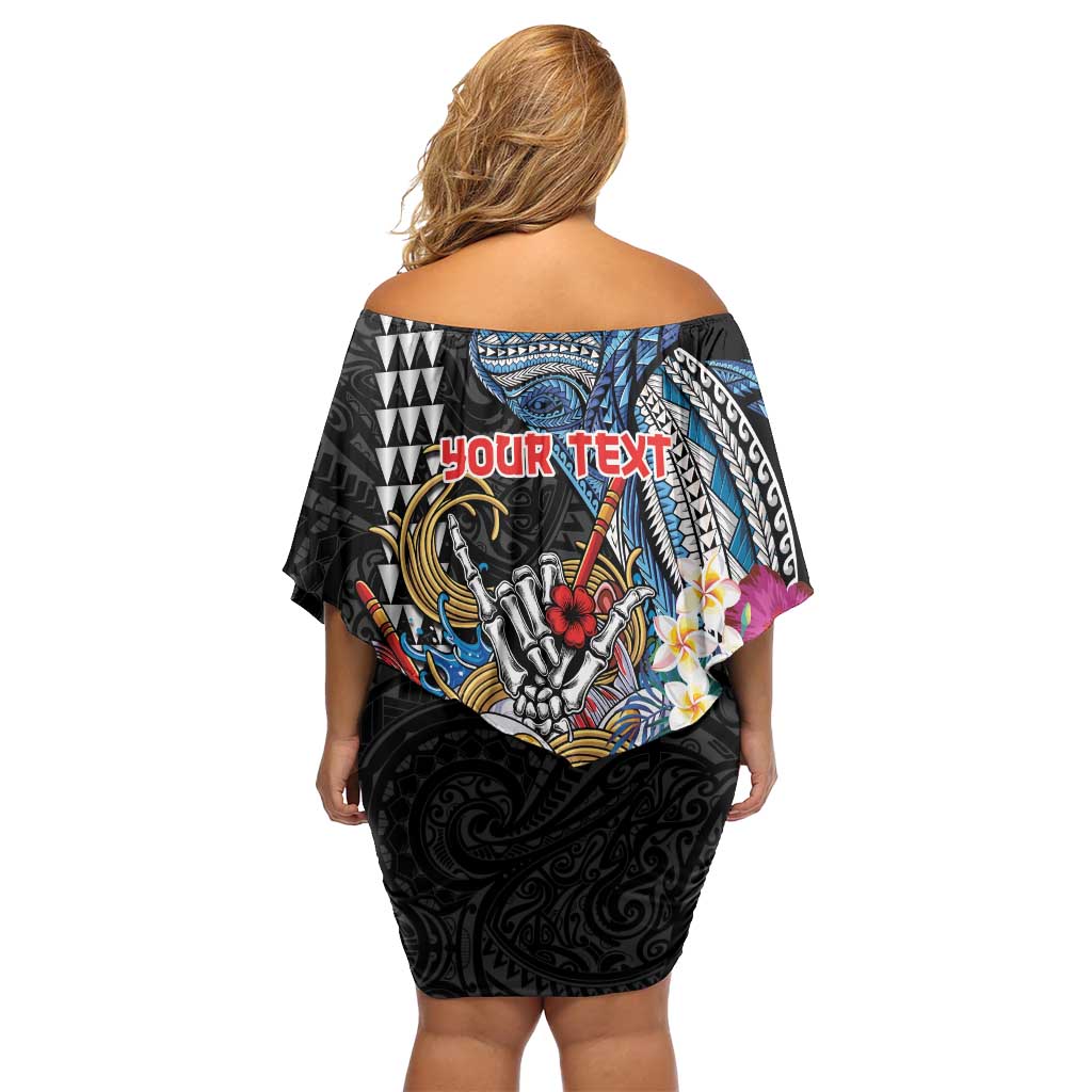 Personalized Japanese Koi Fish Ramen Family Matching Off Shoulder Short Dress and Hawaiian Shirt Aloha Shark Kakau Pattern