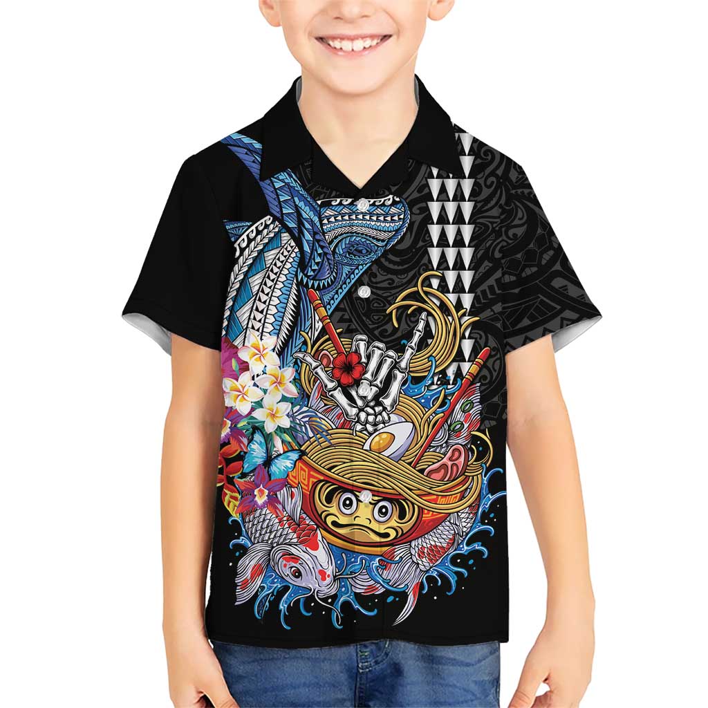 Personalized Japanese Koi Fish Ramen Family Matching Off Shoulder Short Dress and Hawaiian Shirt Aloha Shark Kakau Pattern