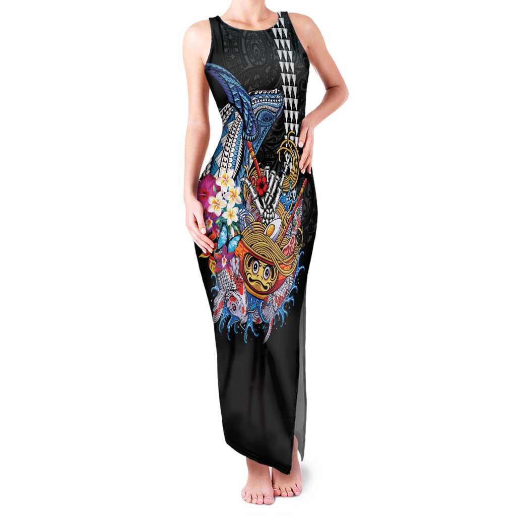 Personalized Japanese Koi Fish Ramen Family Matching Tank Maxi Dress and Hawaiian Shirt Aloha Shark Kakau Pattern