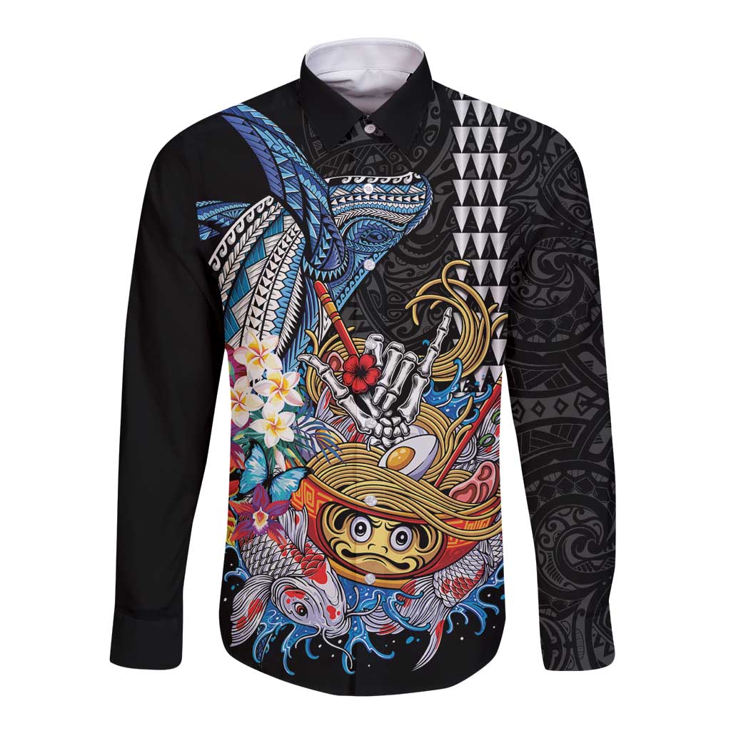 Personalized Japanese Koi Fish Ramen Long Sleeve Button Shirt Aloha Shark Kakau Pattern