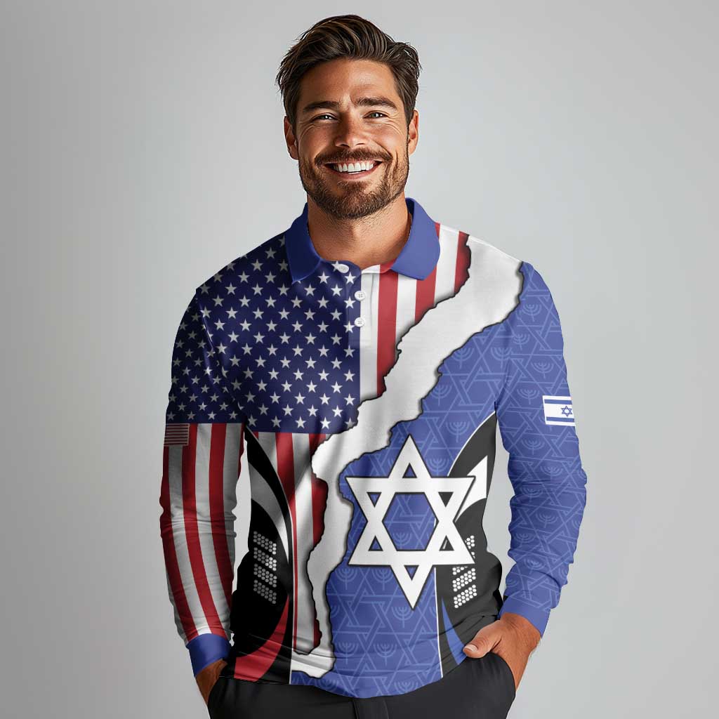 USA Israel Long Sleeve Polo Shirt Stars of David Sporty Style