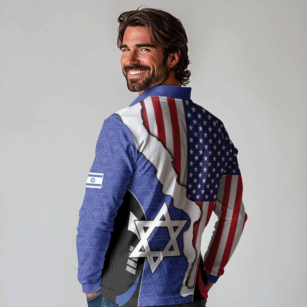 USA Israel Long Sleeve Polo Shirt Stars of David Sporty Style
