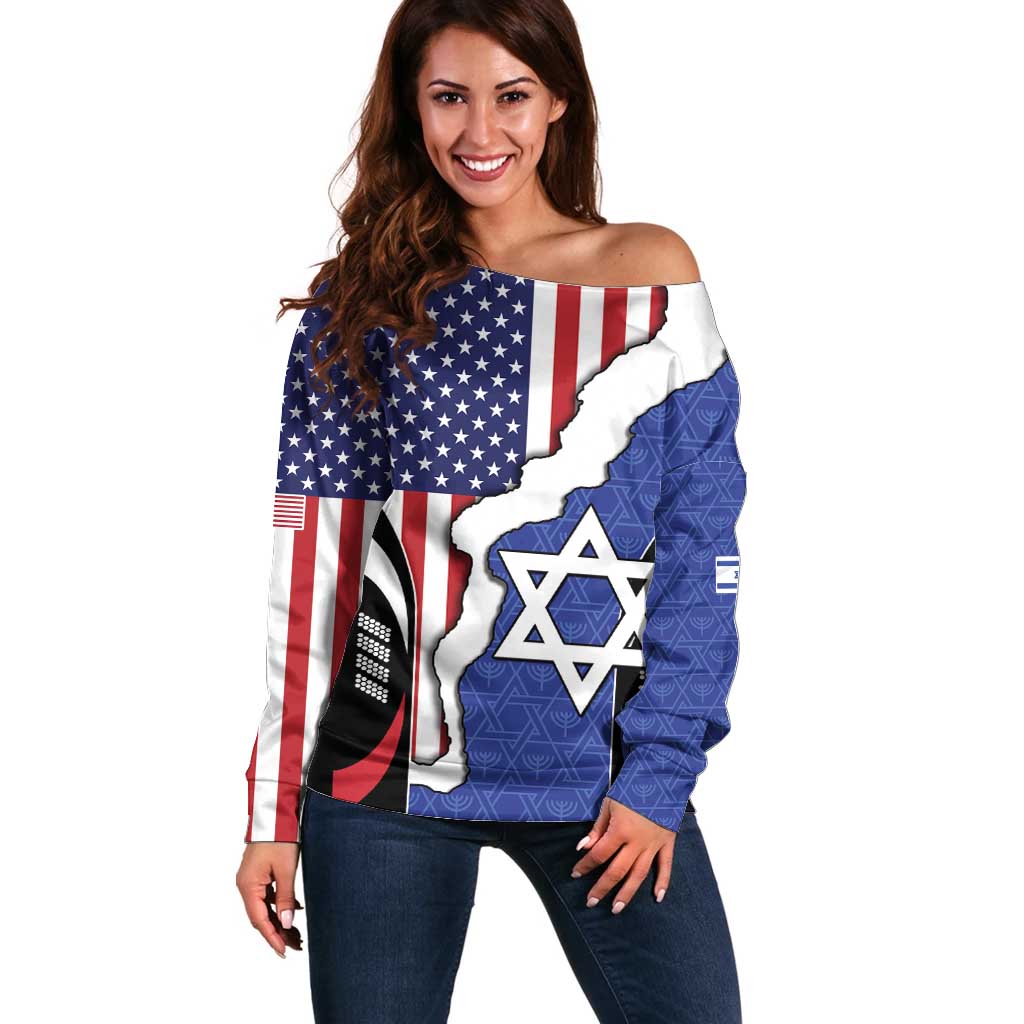 USA Israel Off Shoulder Sweater Stars of David Sporty Style