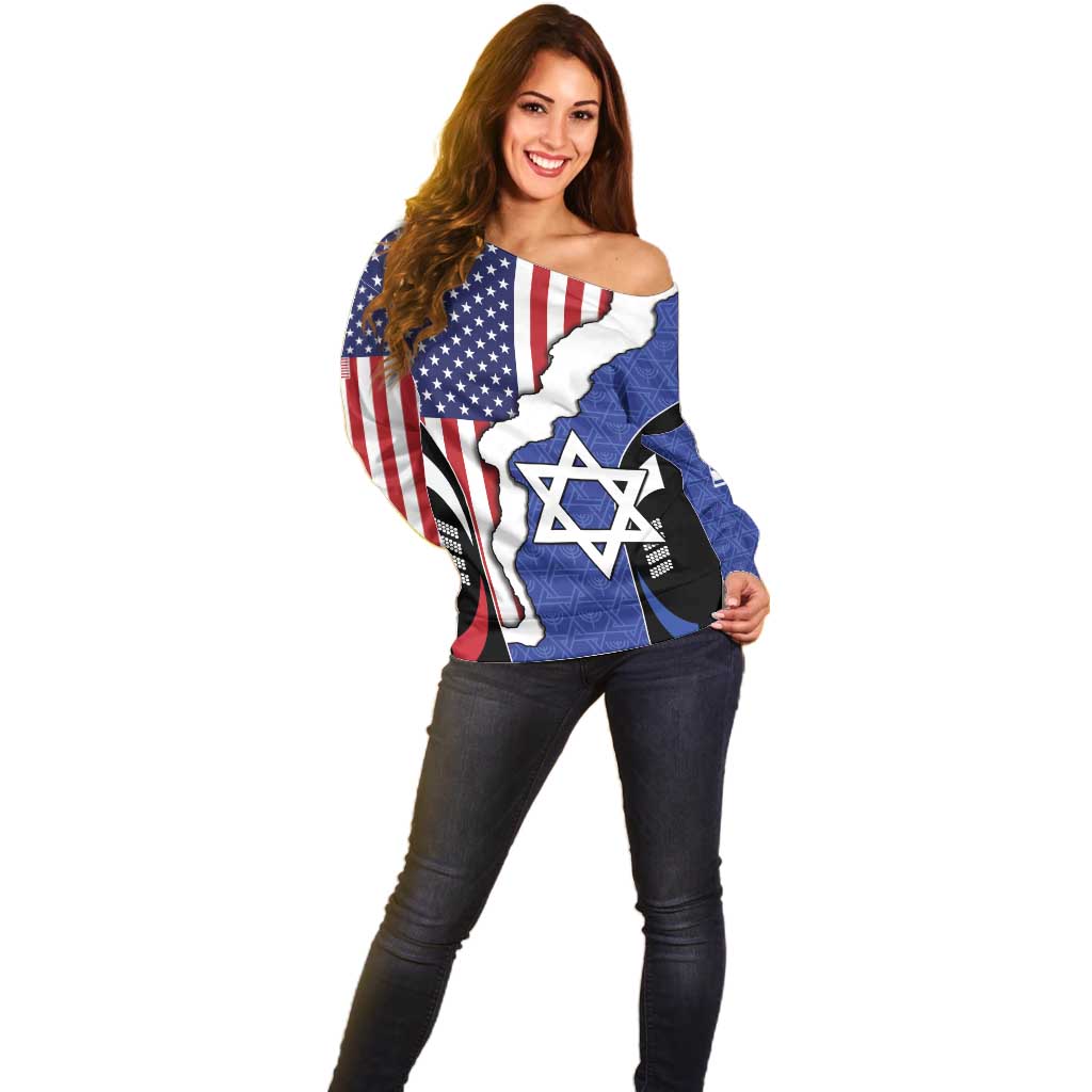 USA Israel Off Shoulder Sweater Stars of David Sporty Style