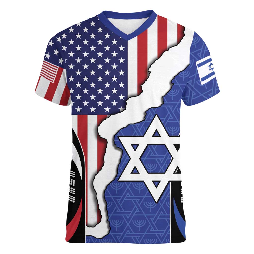 USA Israel Women V-Neck T-Shirt Stars of David Sporty Style
